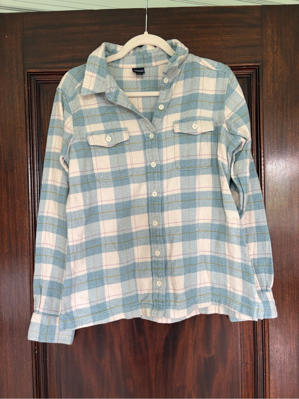 Patagonia Blue and Cream Plaid Organic Cotton Shirt